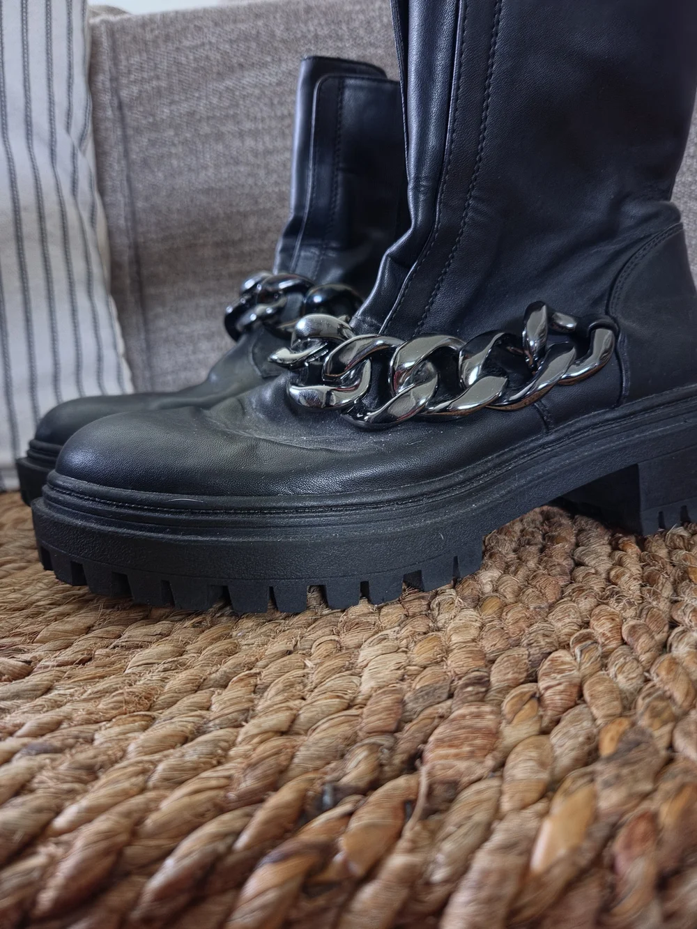 Black Leather Platform Chelsea Boots with Silver Chain Trim